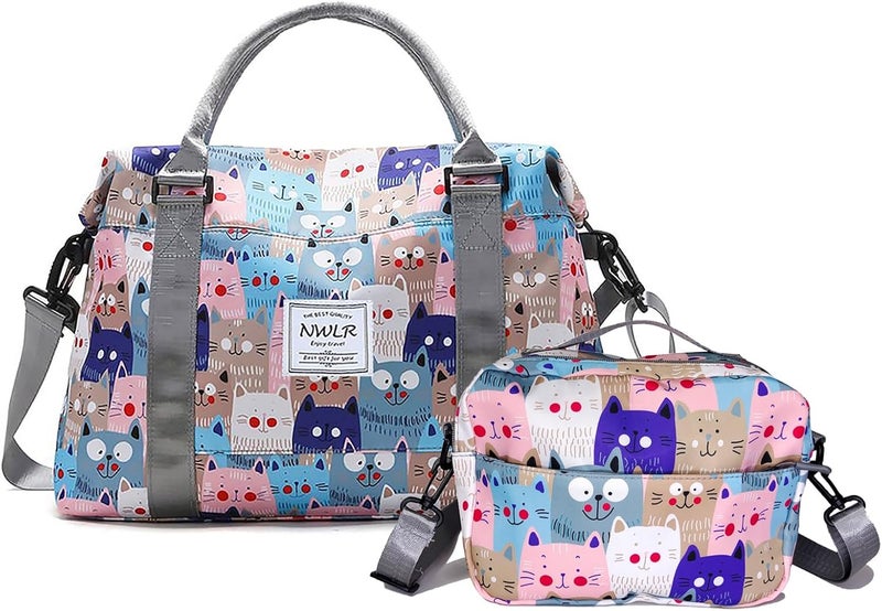 NWLR Travel Duffle Bag Weekender Overnight Bag Gym Tote with Wet Pocket for Women Girls Workout Duffel Bag Water Resistant (W-Cute Cats+Toiletry Bag) - Image 1